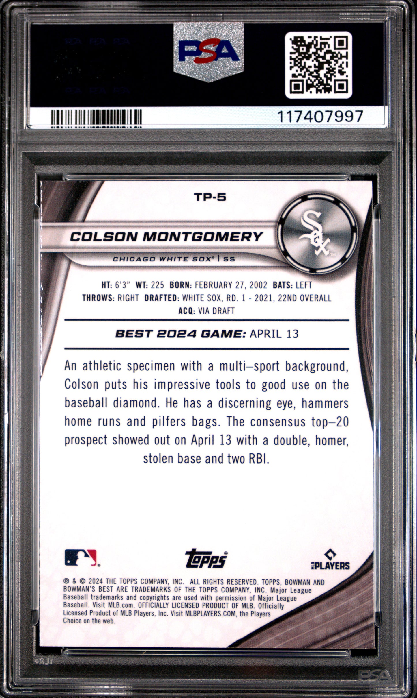 Graded 2024 Topps Bowmans Best Colson Montgomery #TP5 Top Prospects Aqua Lava /199 Rookie RC Baseball Card PSA 10 Gem Mint