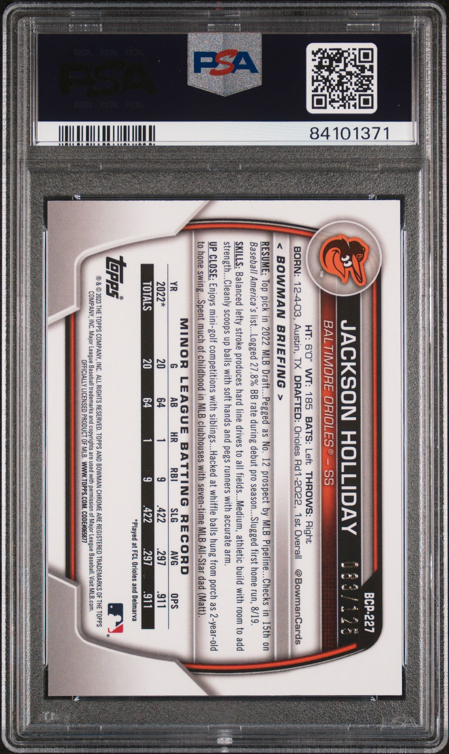Graded 2023 Topps Bowman Chrome Jackson Holliday #BCP227 Prospects Aqua /125 Rookie RC Baseball Card PSA 10 Gem Mint