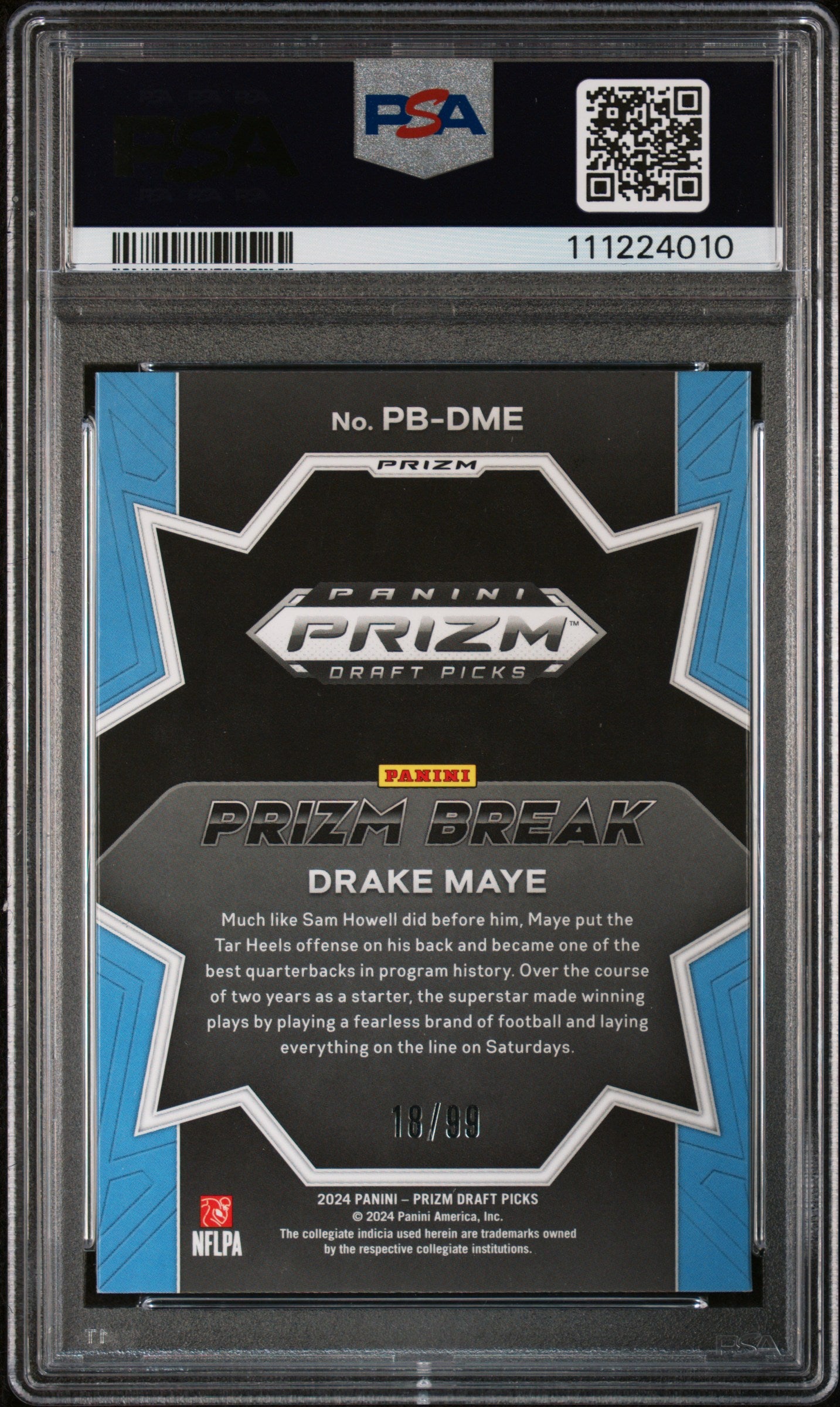 Graded 2024 Panini Prizm Draft Picks Drake Maye #PBDME Prizm Break Blue Ice /99 Rookie RC Football Card PSA 10 Gem Mint