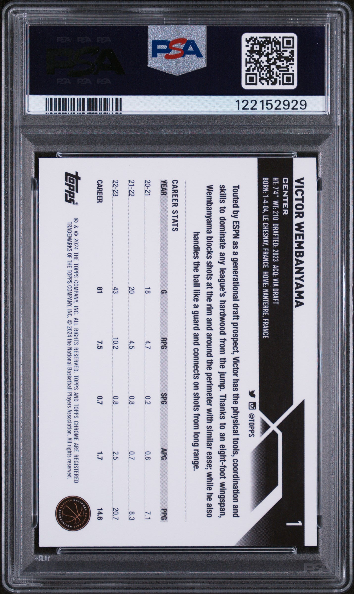 Graded 2023 Topps Chrome Victor Wembanyama #1 Rookie RC Basketball Card PSA 10 Gem Mint