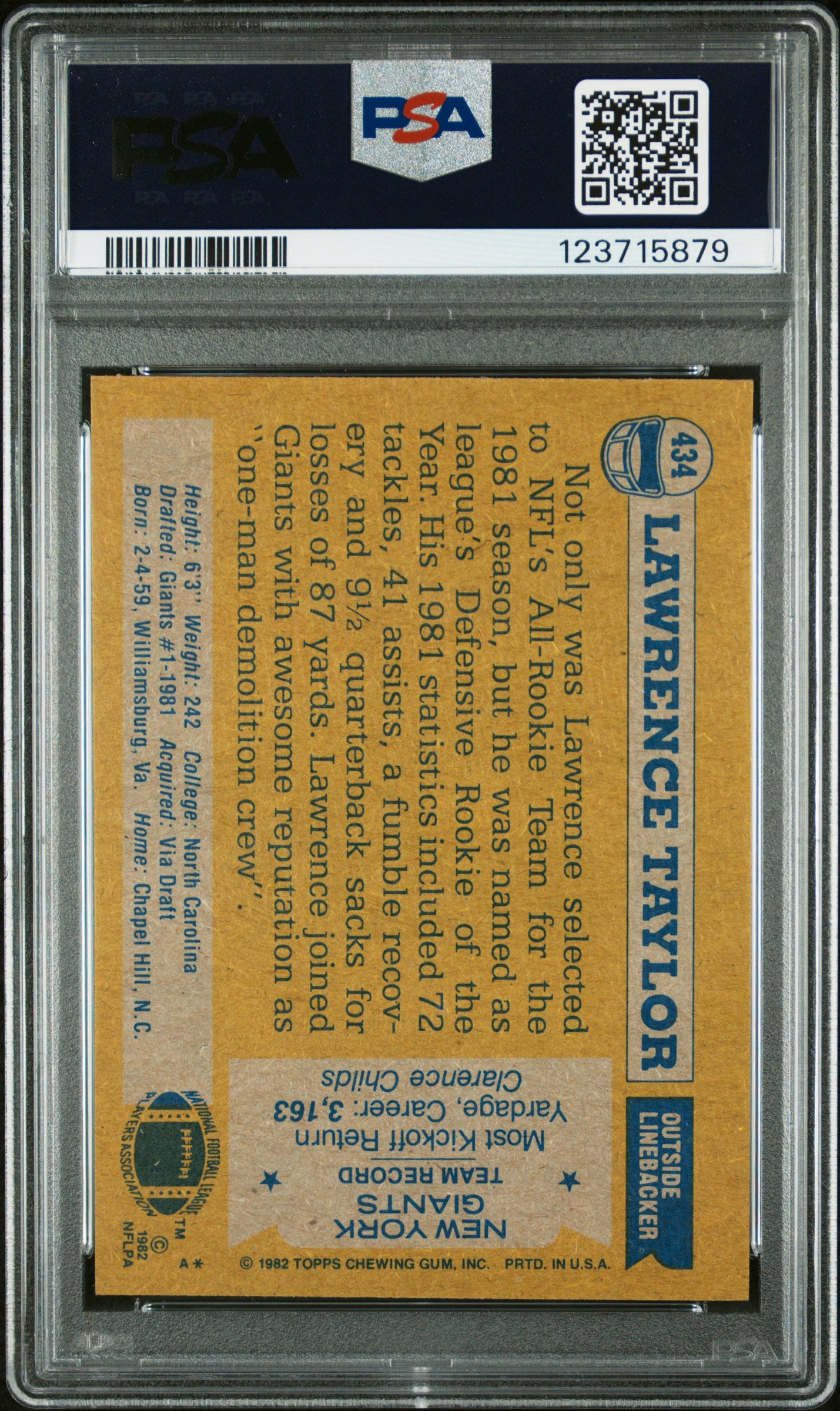 Graded 1982 Topps Lawrence Taylor #434 Rookie RC Signed Football Card PSA 8 Card - Auto Grade 10