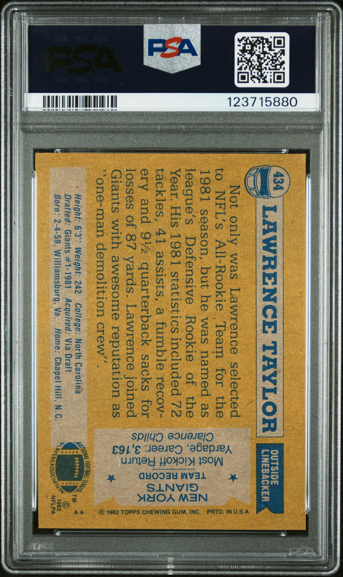 Graded 1982 Topps Lawrence Taylor #434 Rookie RC Signed Football Card PSA 8 Card - Auto Grade 9