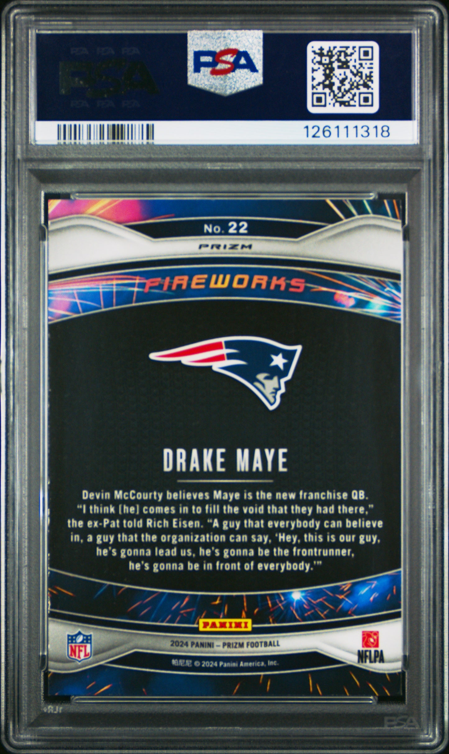 Graded 2024 Panini Prizm Drake Maye #22 Fireworks Green Prizm Rookie RC Football Card PSA 10 Gem Mint