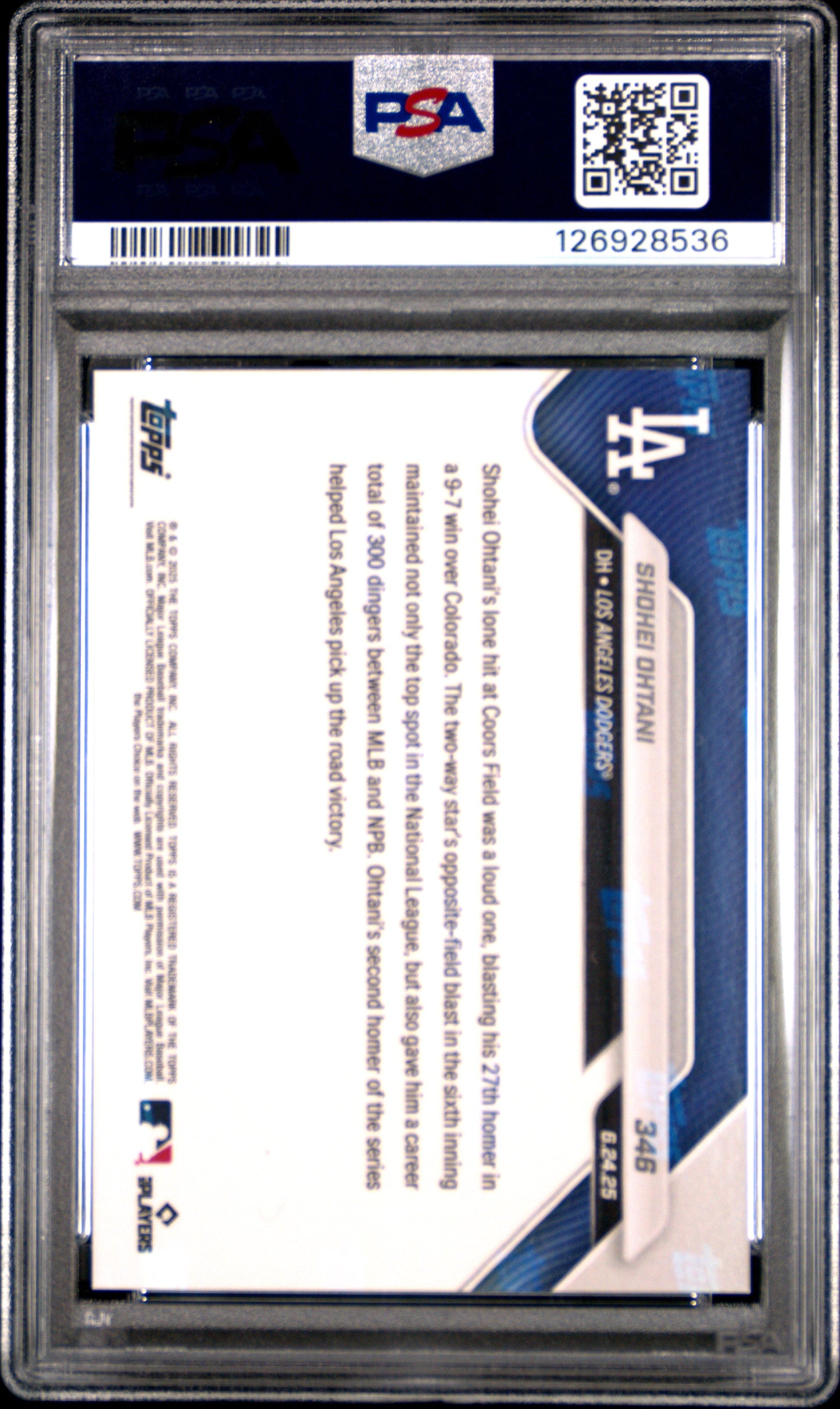 Graded 2025 Topps Now Shohei Ohtani #346 Baseball Card PSA 10 Gem Mint