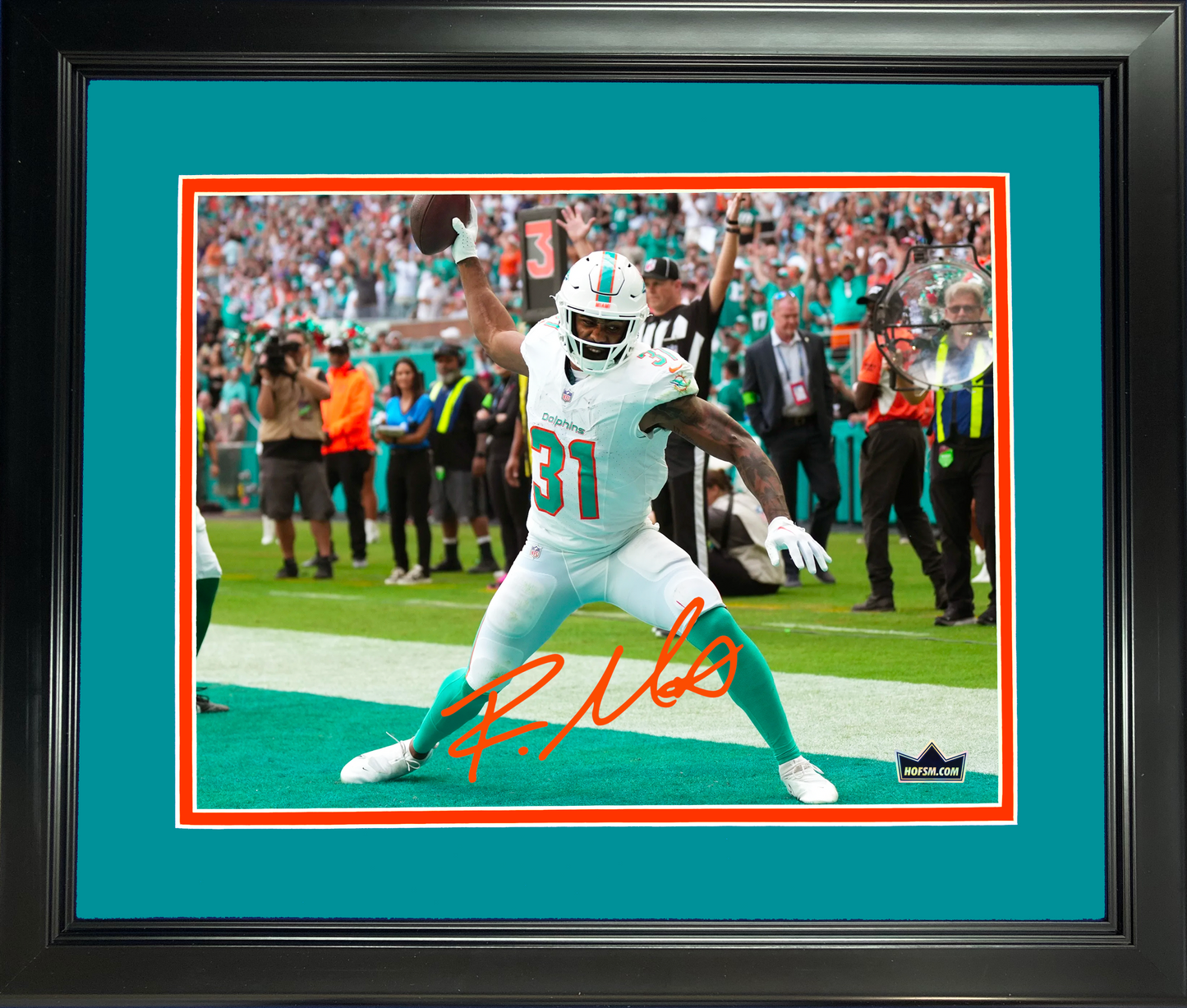 Framed Raheem Mostert Miami Dolphins Facsimile Laser Engraved Signature Auto 11"x14"Football Photo HOFSM Holo