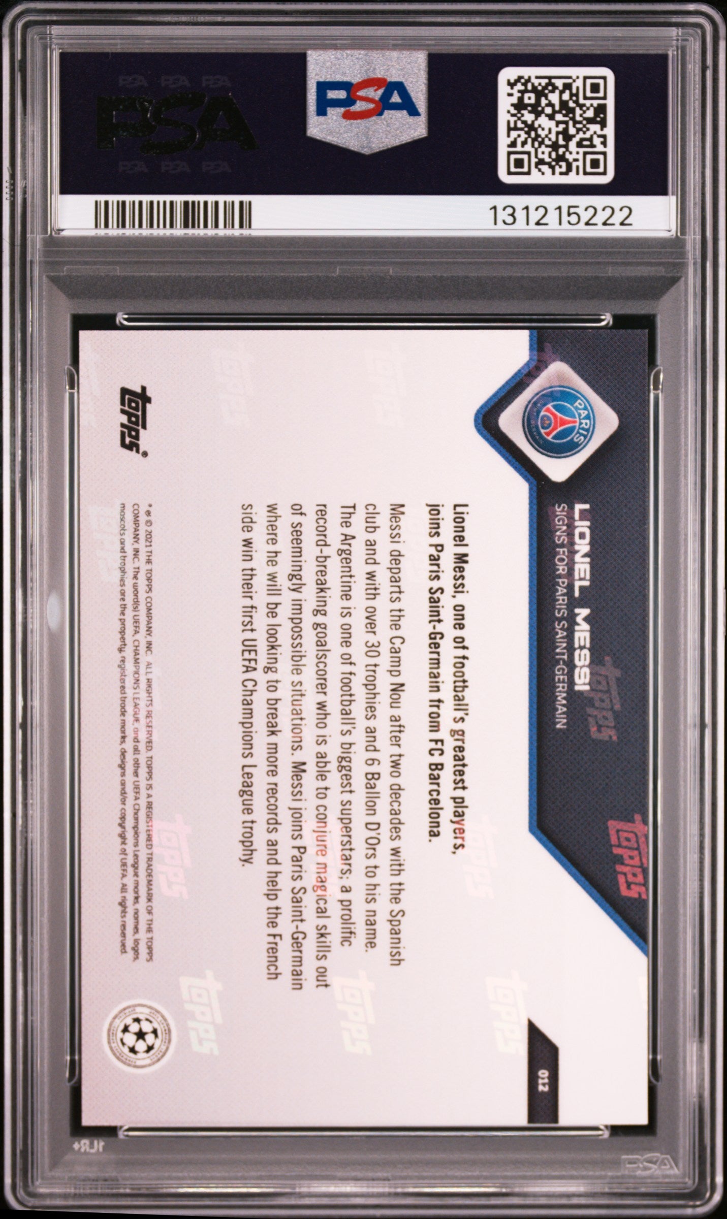 Graded 2021 Topps Now UCL Lionel Messi #12 Signs for PSG UEFA Champions League Soccer Card PSA 10 Gem Mint
