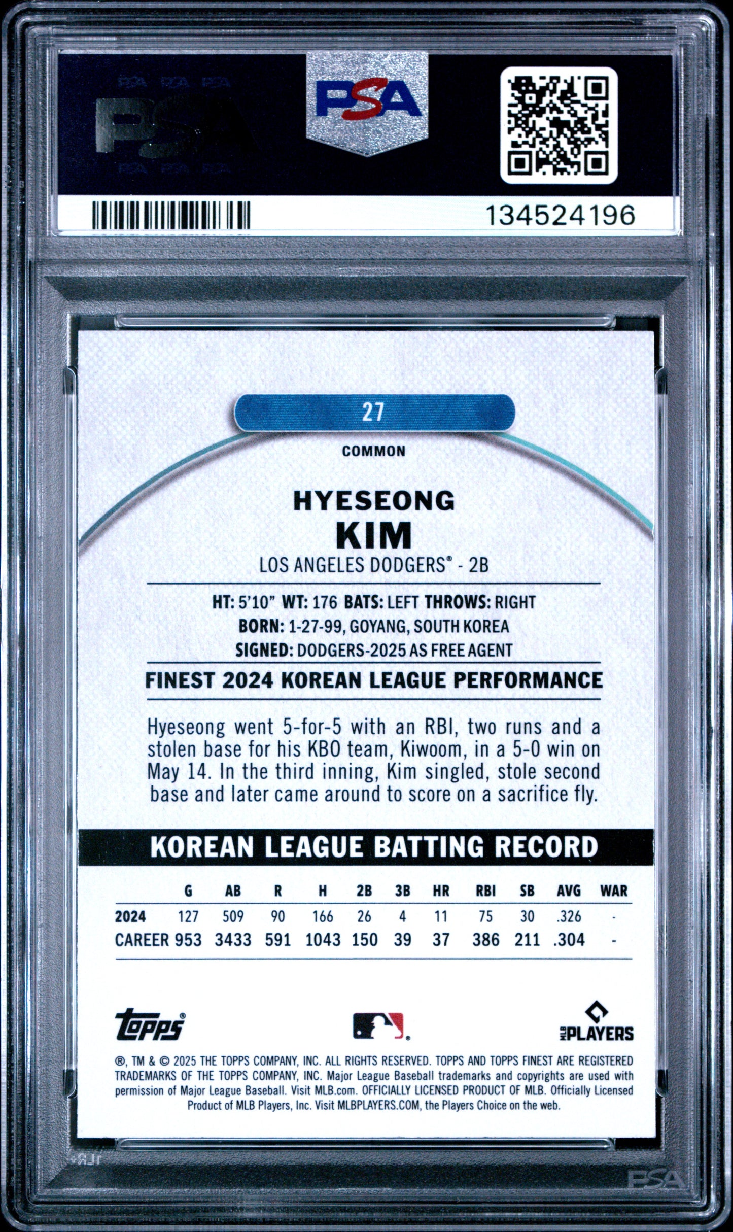 Graded 2025 Topps Finest Hyeseong Kim #27 Sky Blue Refractor /325 Rookie RC Baseball Card PSA 10 Gem Mint