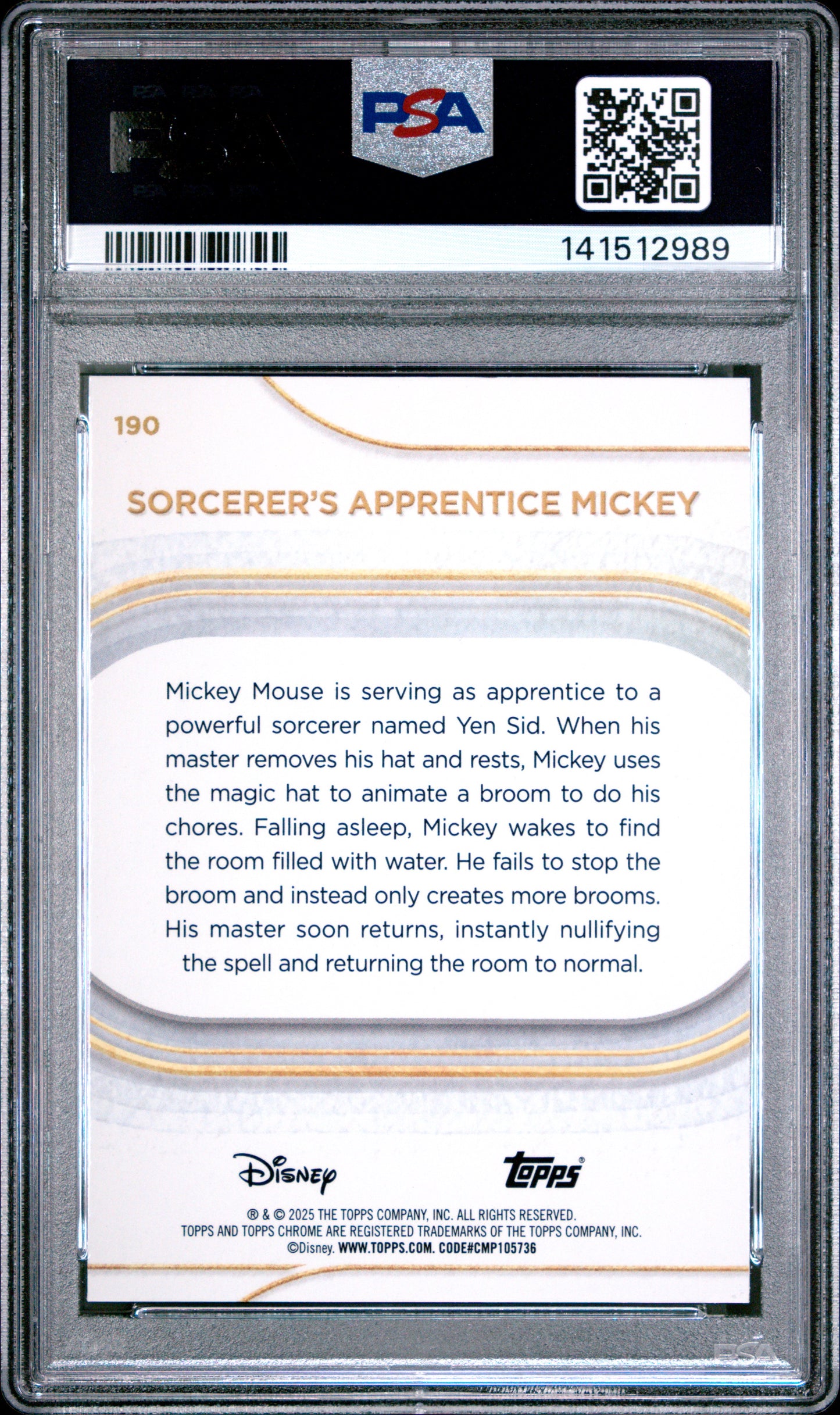 Graded 2025 Topps Chrome Disney Sorcerer's Apprentice Mickey #190 Fantasia Trading Card PSA 10 Gem Mint