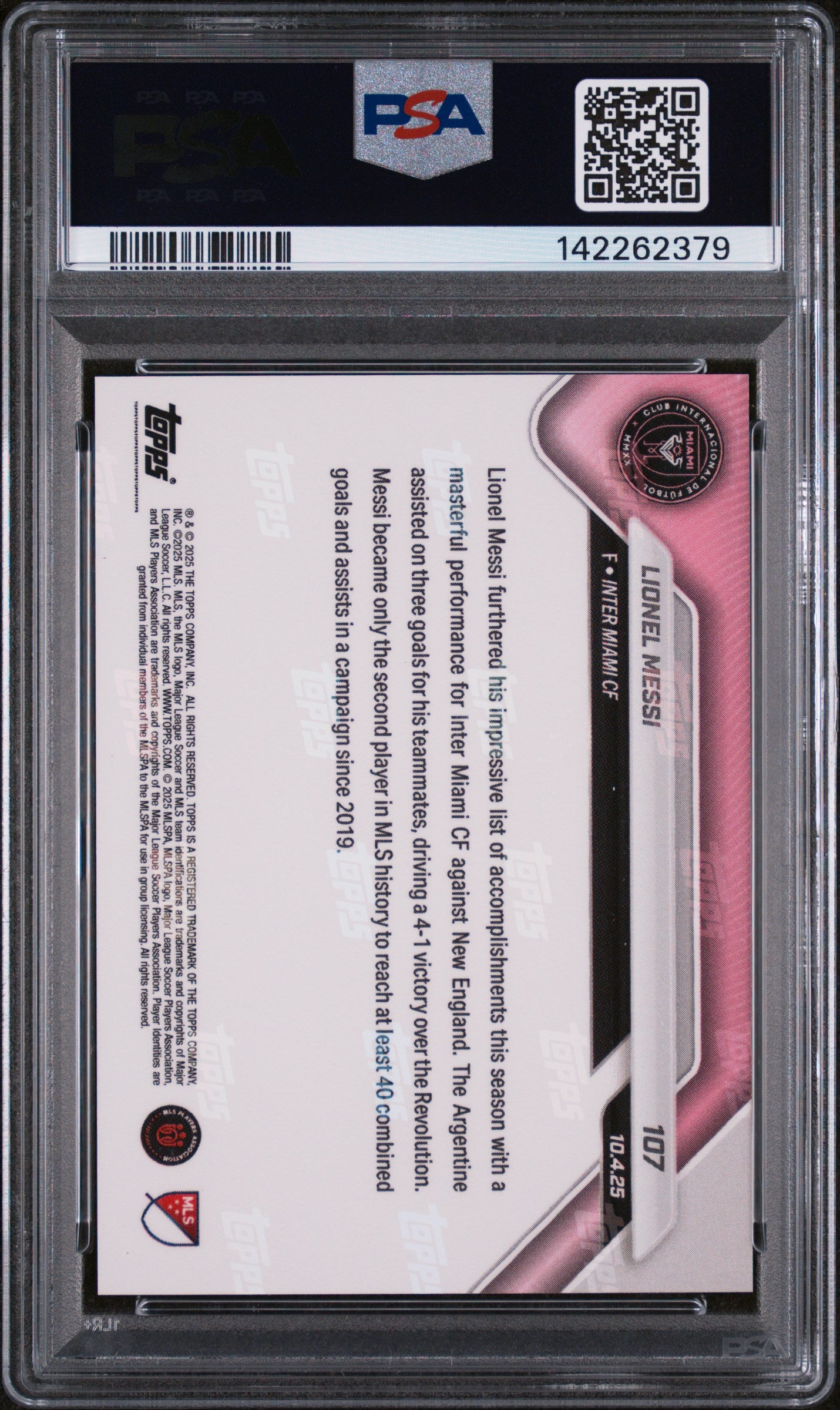Graded 2025 Topps Now MLS Lionel Messi #107 Trio of Assists Adds to Historic Campaign Soccer Card PSA 9 Mint
