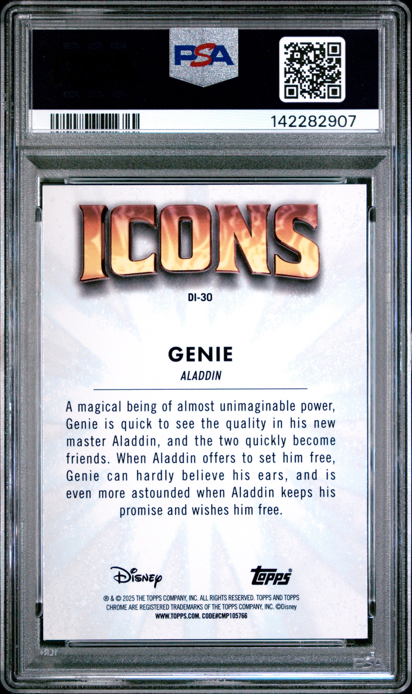Graded 2025 Topps Chrome Disney Genie #30 Icons Aladdin Trading Card PSA 10 Gem Mint