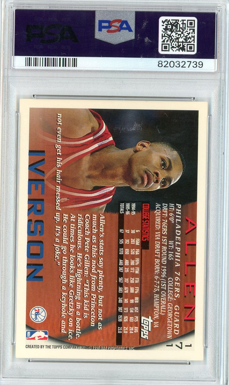 Graded 1996 Topps Allen Iverson #171 Rookie RC Basketball Card PSA 9 Auto Grade Mint