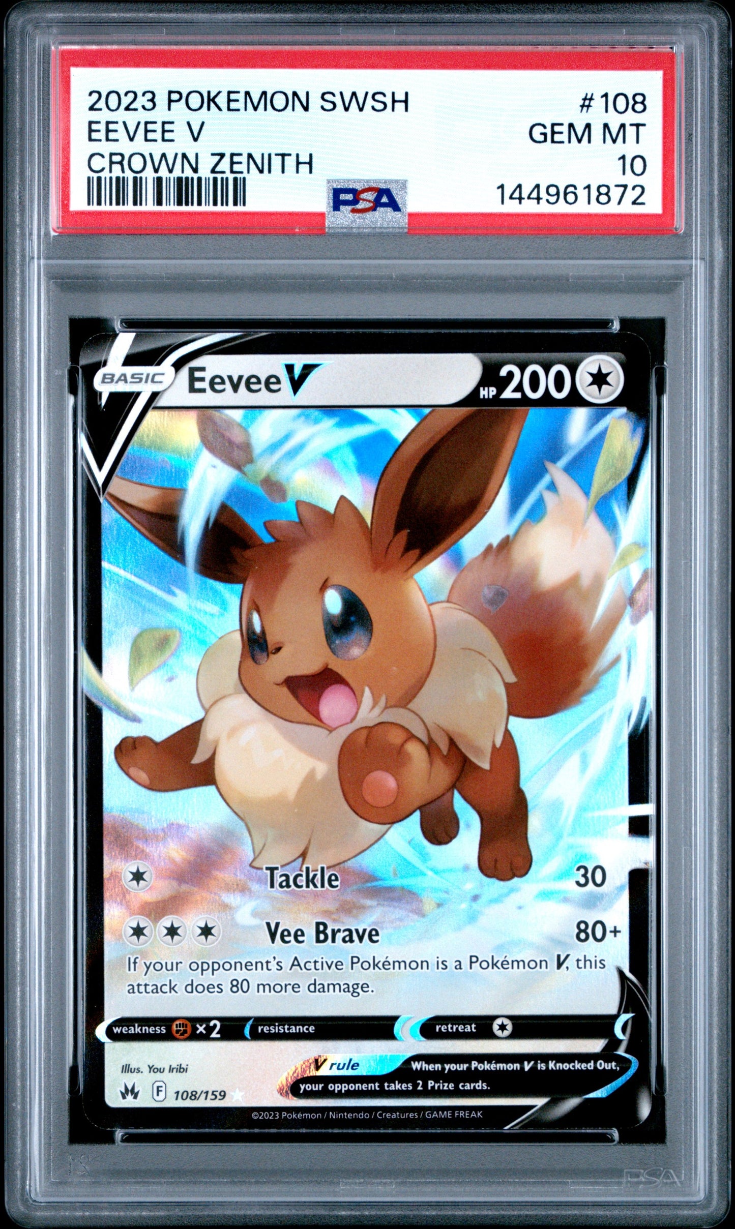 Graded 2023 PKM SWSH Eevee #108 V Crown Zenith Trading Card Game PSA 10 Gem Mint
