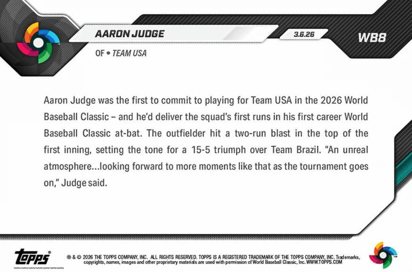 2026 Topps Now World Baseball Classic Aaron Judge #WB8 Slugs HR in 1st World Baseball Classic At-Bat Team USA Baseball Card