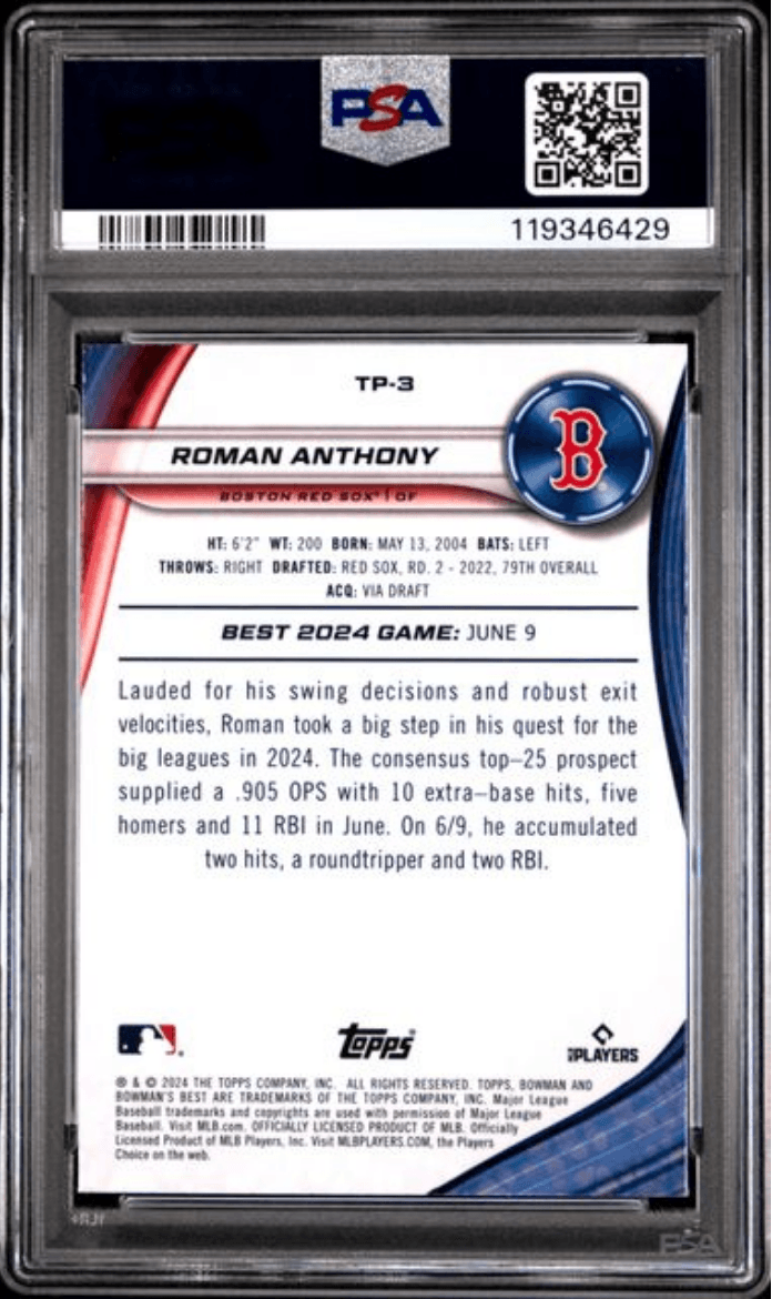 Graded 2024 Topps Bowmans Best Roman Anthony #TP3 Top Prospects Wave Rookie RC Baseball Card PSA 10 Gem Mint