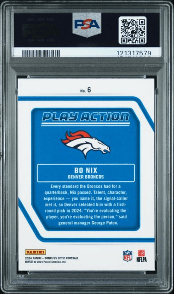 Graded 2024 Panini Donruss Optic Bo Nix #6 Play Action Rookie RC Football Card PSA 10 Gem Mint