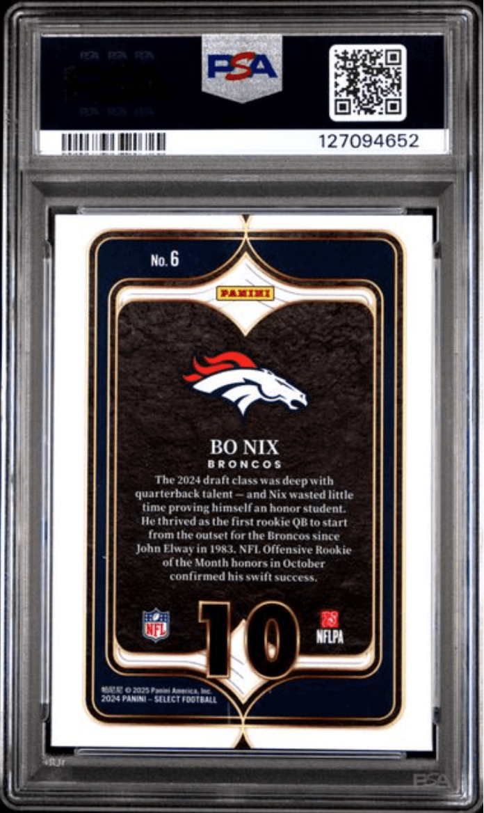 Graded 2024 Panini Select Bo Nix #6 Select Numbers Rookie RC Football Card PSA 10 Gem Mint