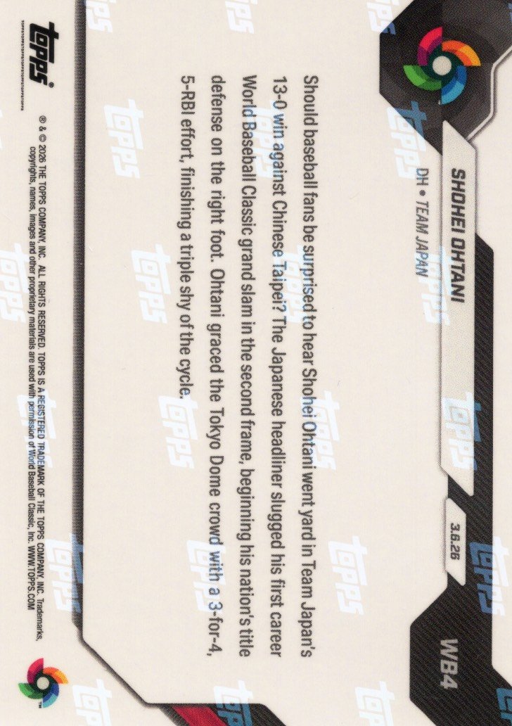 2026 Topps Now World Baseball Classic Shohei Ohtani #WB4 Orange Foil /25 1st Career World Baseball Classic Grand Slam Team Japan Baseball Card