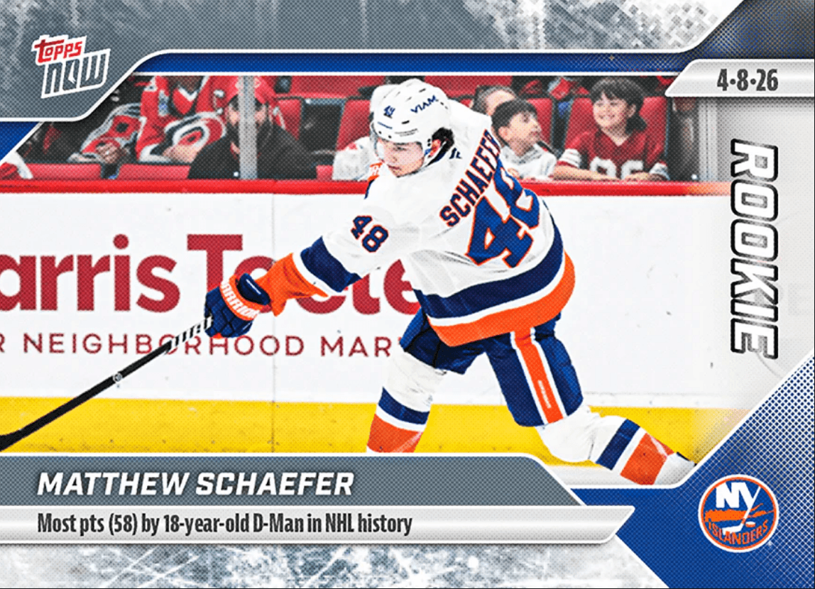 2025 Topps Now Matthew Schaefer #142 Most Points (58) by 18 Year Old Dman in NHL History New York Islanders Rookie RC Sticker Hockey Card