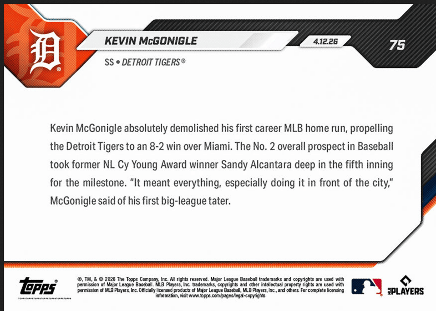 2026 Topps Now Kevin McGonigle #75 Blasts 1st Career MLB HR in Series Sweep Detriot Tigers Rookie RC Baseball Card