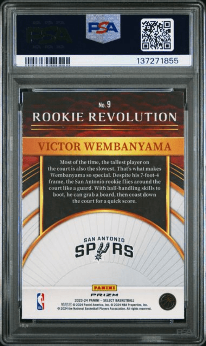 Graded 2023 Panini Select Victor Wembanyama #9 Rookie Revolution Silver Prizm Rookie RC Basketball Card PSA 10 Gem Mint