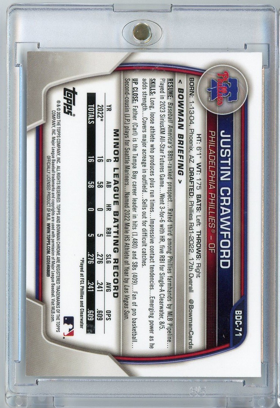 2023 Bowman Chrome Justin Crawford #BDC71 /75 Yellow Lunar Refractor Rookie RC Baseball Card