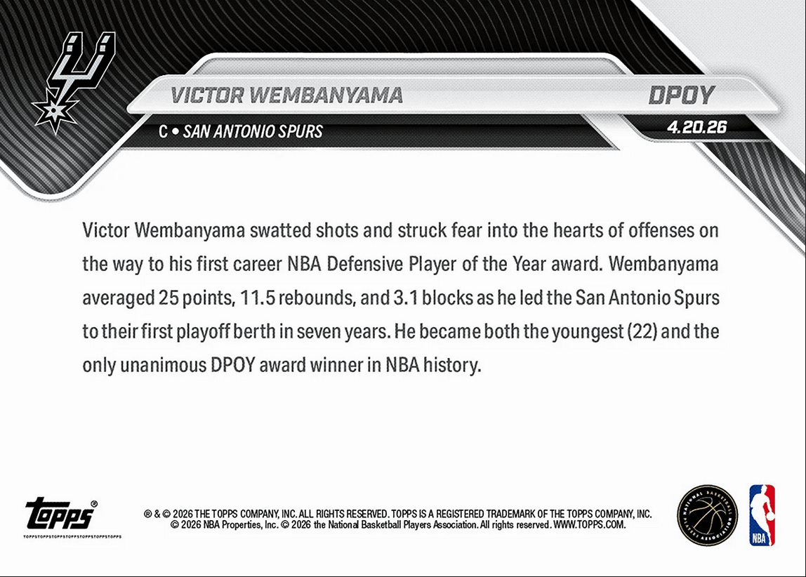 2025 Topps Now Victor Wembanyama #DPOY Youngest and First Ever Unanimous NBA DPOY San Antonio Spurs Basketball Card