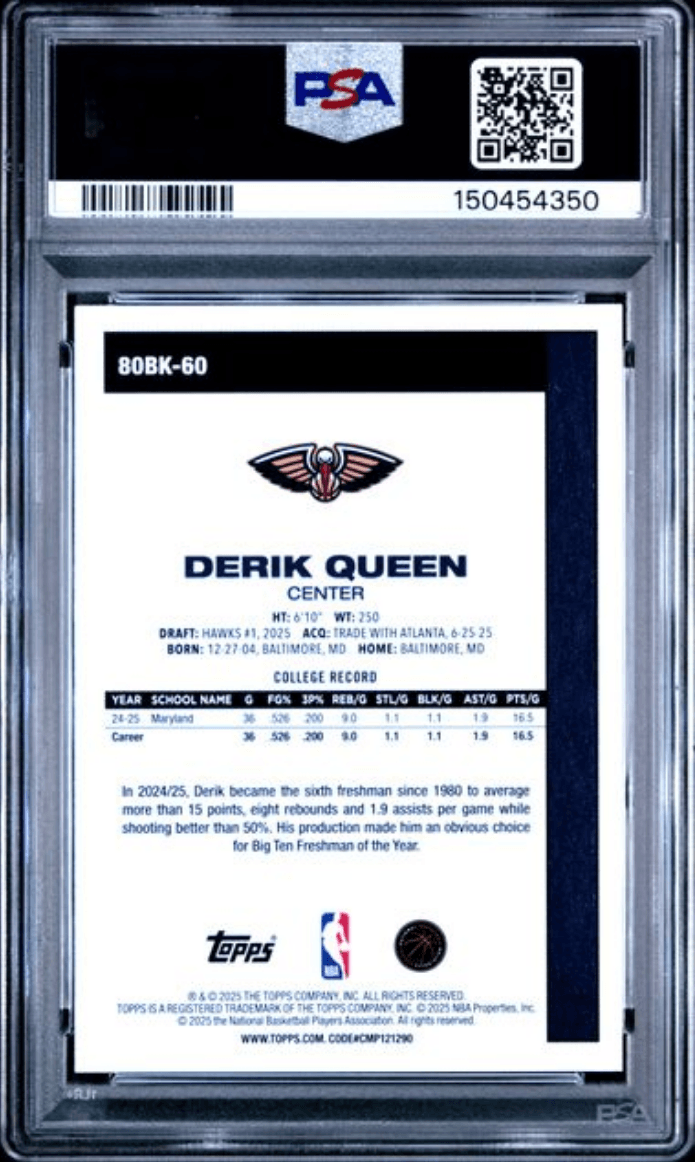 Graded 2025 Topps Derik Queen #80BK-60 1980 Topps Basketball Rookie RC Basketball Card PSA 10 Gem Mint