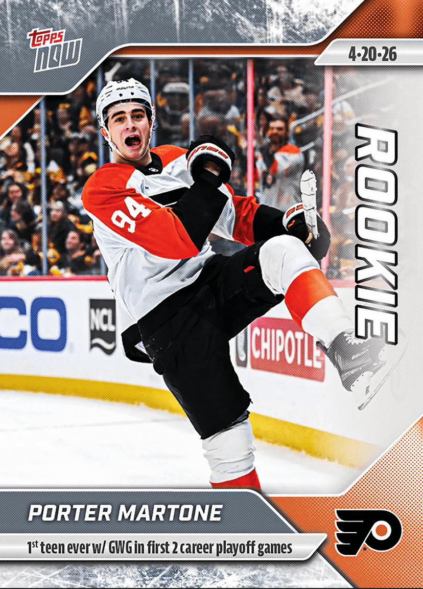 2025 Topps Now Porter Martone #153 1st Teen Ever with GWG in First 2 Career Playoff Games Philadelphia Flyers Rookie RC Hockey Card