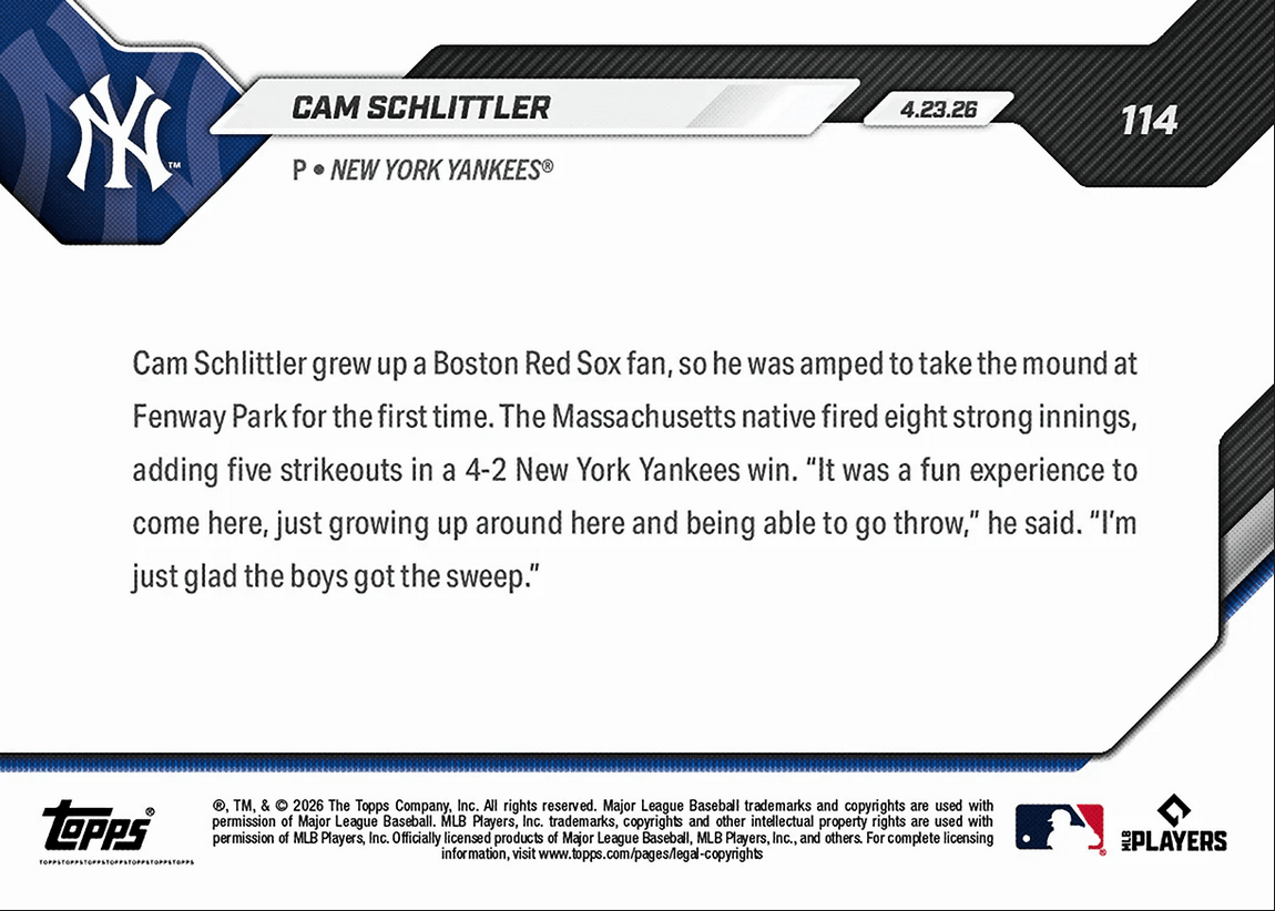 2026 Topps Now Cam Schlittler #114 Mass. Native Fires 8IP in Sweep Over Red Sox New York Yankees Rookie RC Baseball Card