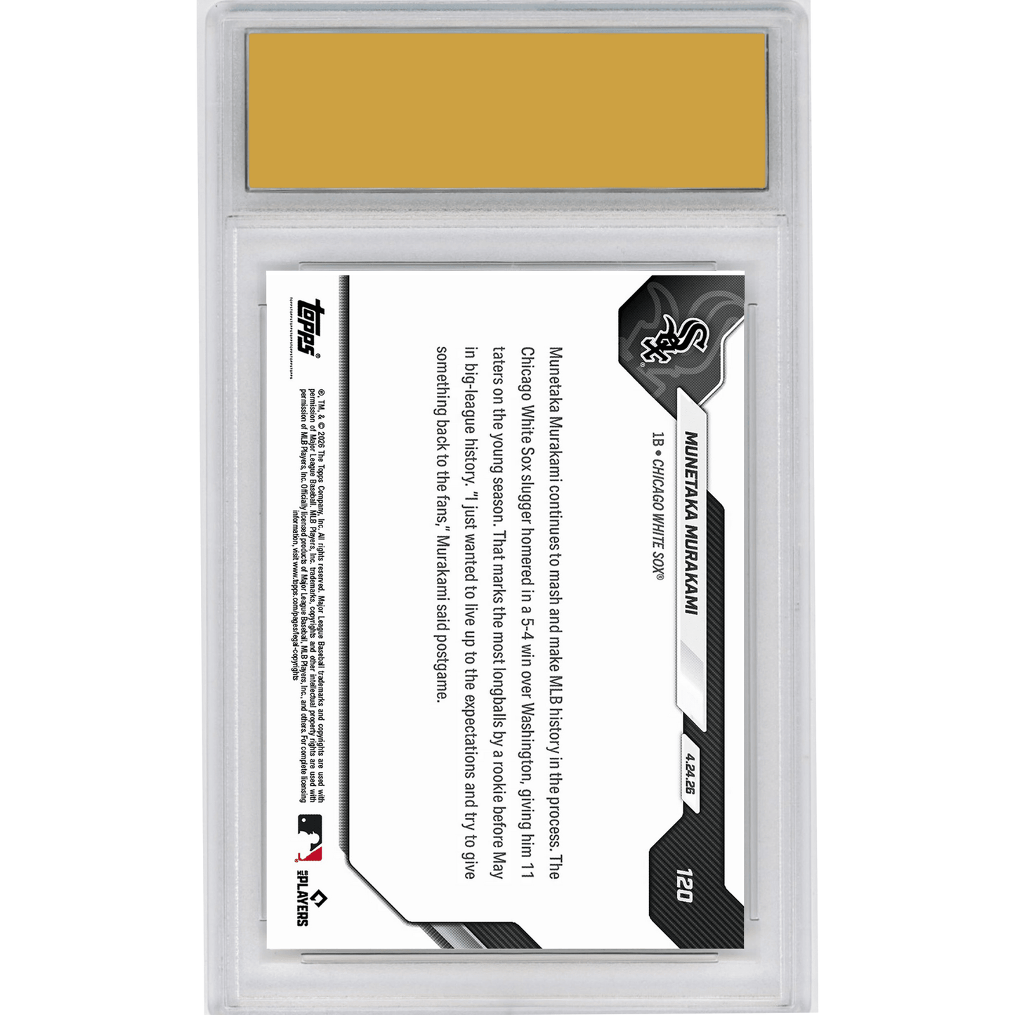 Graded 2026 Topps Now Munetaka Murakami #120 11 Home Runs Are Most By Rookie Before May in MLB Lore Chicago White Sox Rookie RC Baseball Card HOFSM 10 Gem Mint