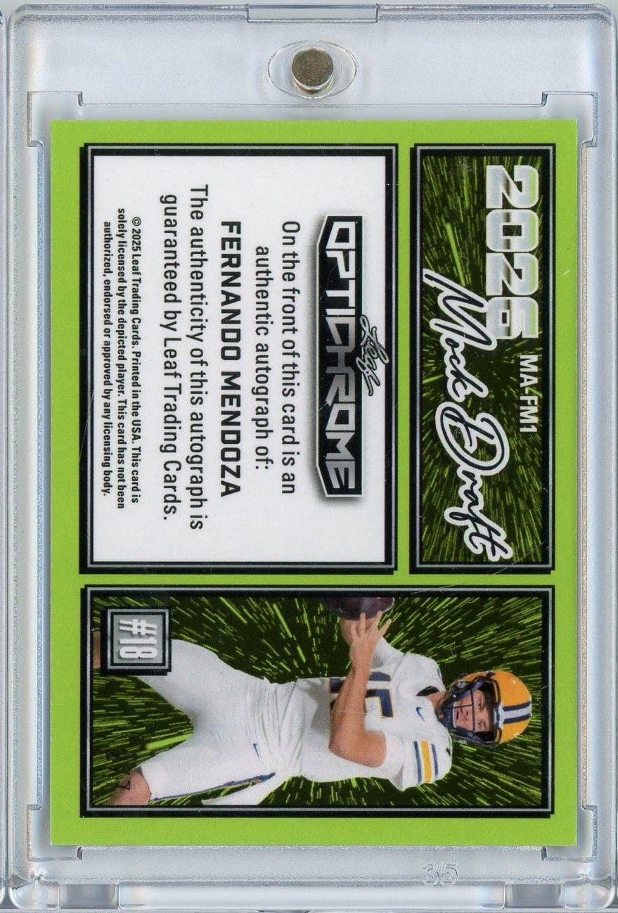 2025 Leaf Optichrome Fernando Mendoza #MAFM1 /7 2026 Mock Draft Blue Lazer Auto Rookie RC Football Card