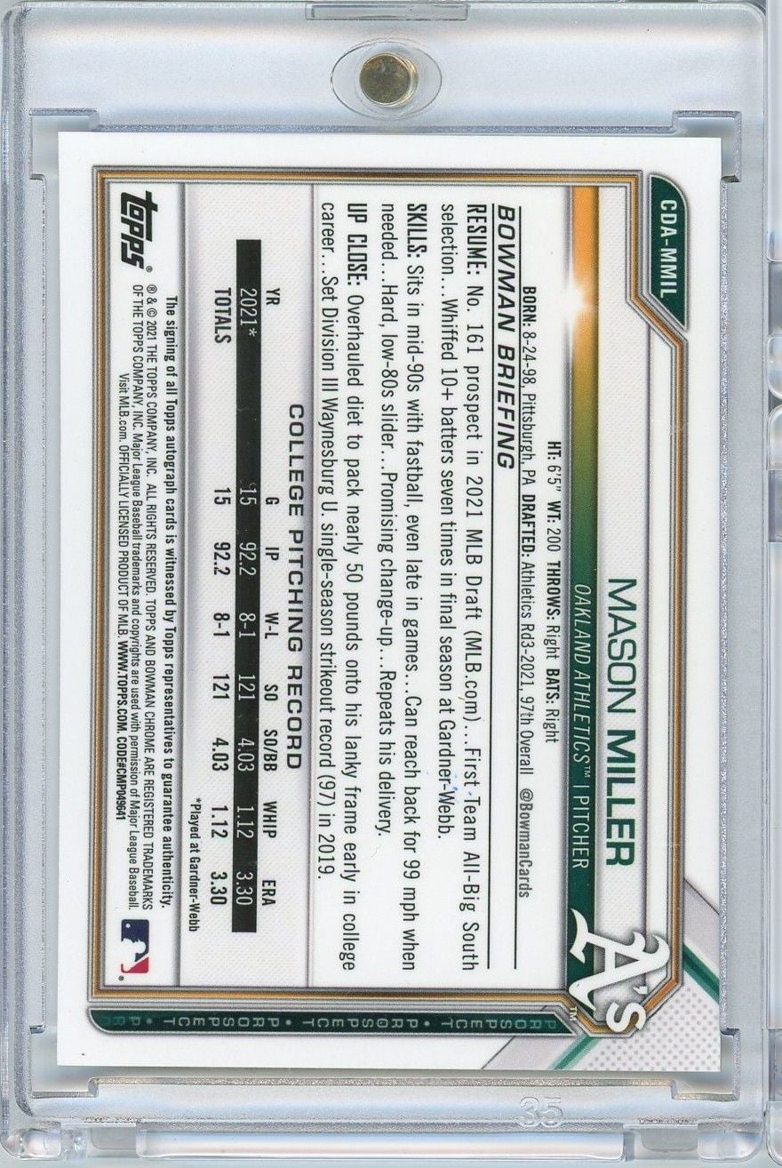 2021 Bowman Chrome Mason Miller #CDAMMIL 1st Bowman Auto Rookie RC Baseball Card