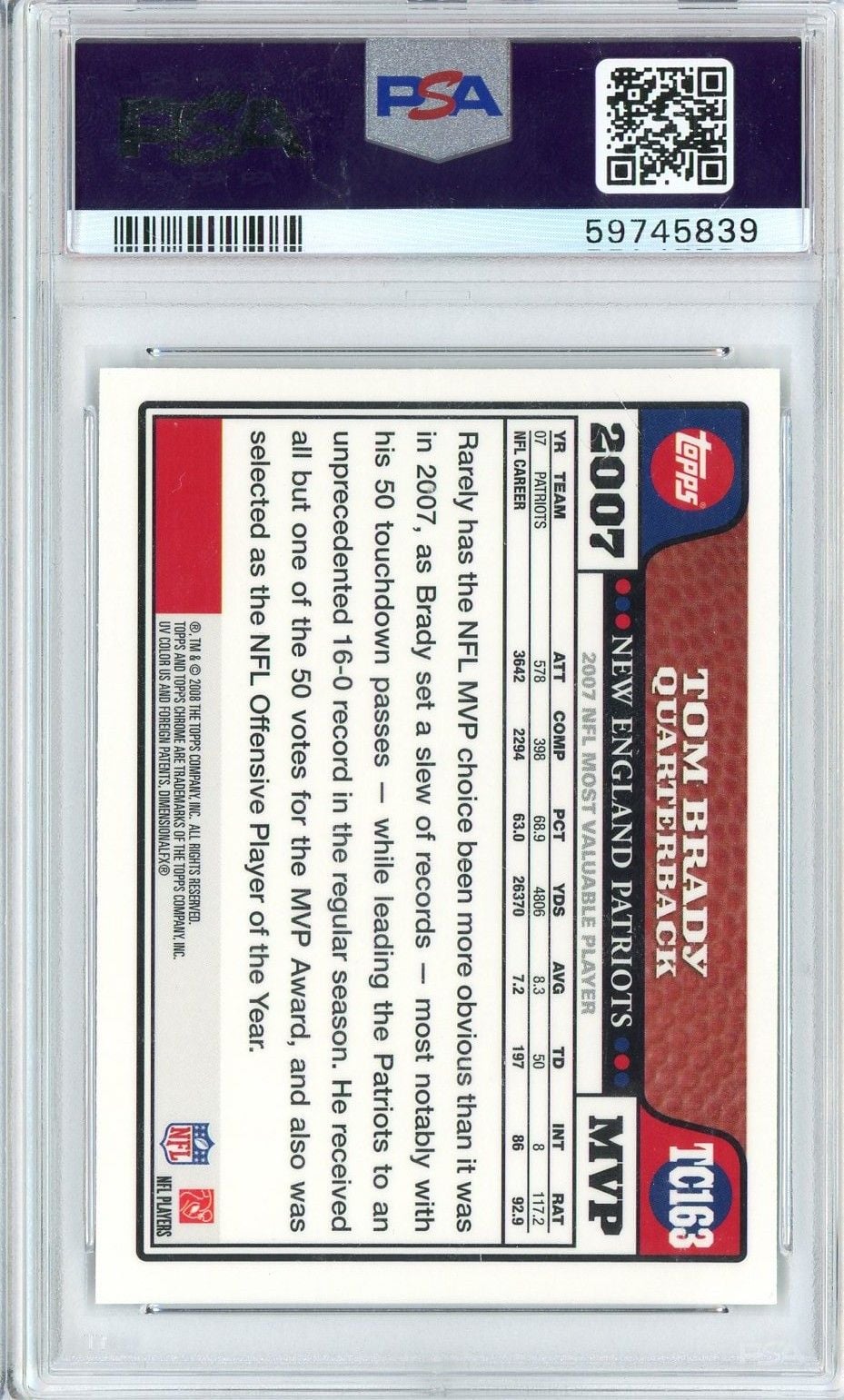 Graded 2008 Topps Chrome Tom Brady #TC163 Football Card PSA 10 Gem Mint