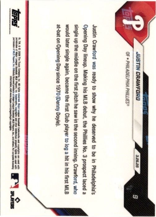 2026 Topps Now Justin Crawford #9 Gold Foil /50 1st Hit in 1st At Bat Logs Team Opening Day History Philadelphia Phillies Rookie RC Baseball Card