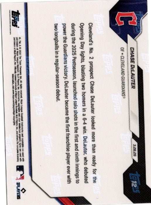 2026 Topps Now Chase DeLauter #12 Black Foil /10 2 Home Run Regular Season Debut Writes Club History Cleveland Guardians Rookie RC Baseball Card