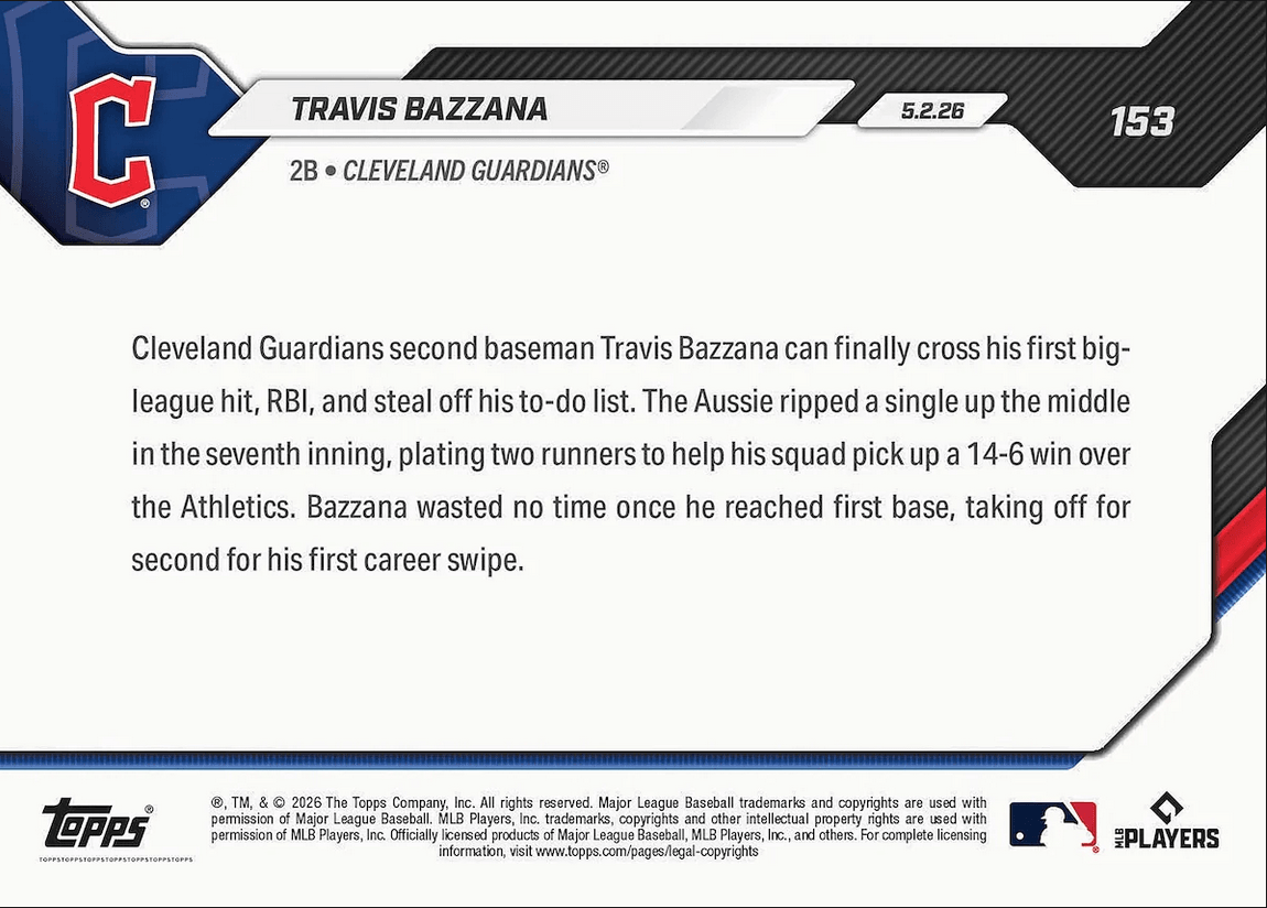 2026 Topps Now Travis Bazzana #153 Guardians Top Prospect Logs 1st Hit, RBI & Steal Cleveland Guardians Rookie RC Baseball Card