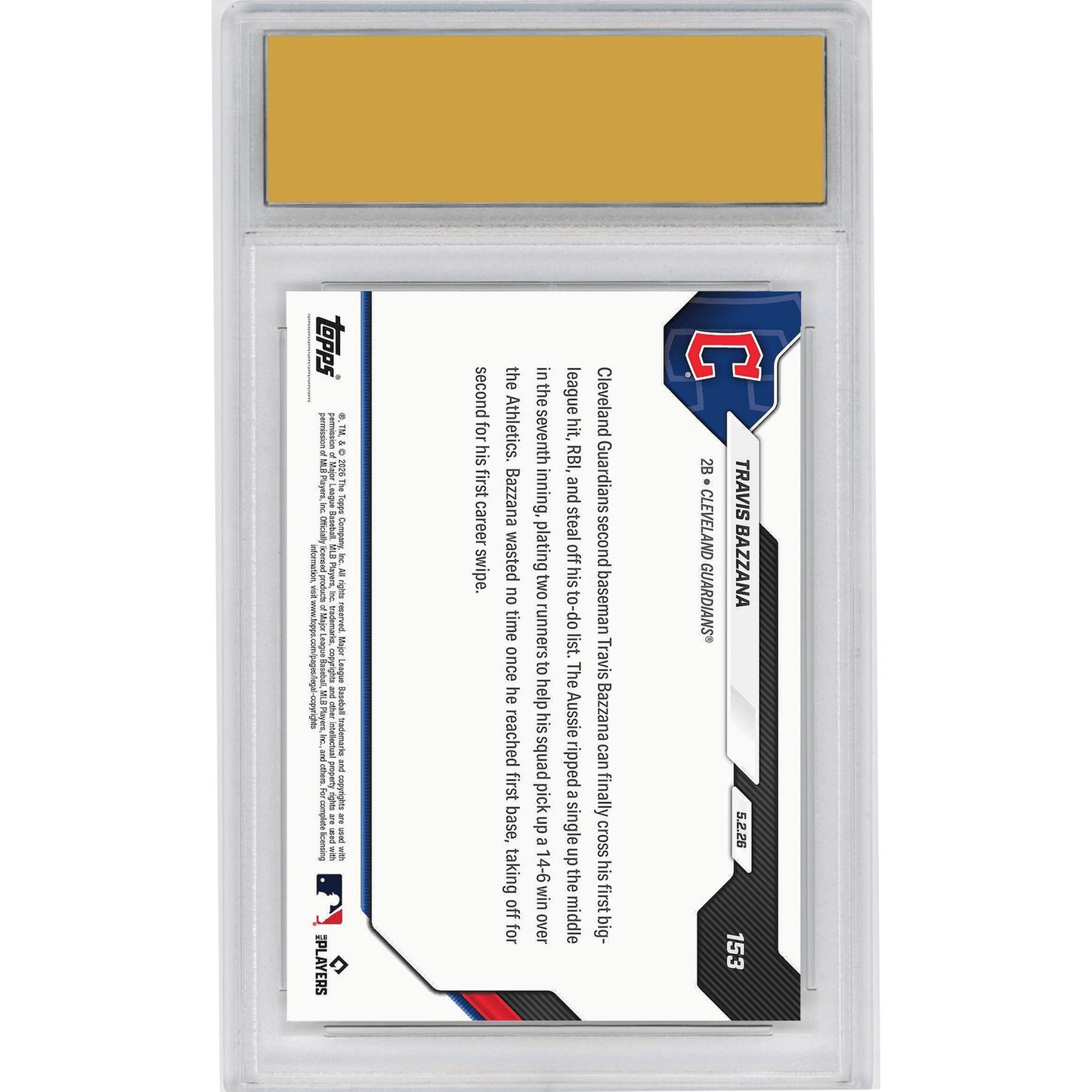 Graded 2026 Topps Now Travis Bazzana #153 Guardians Top Prospect Logs 1st Hit, RBI & Steal Cleveland Guardians Rookie RC Baseball Card HOFSM 10 Gem Mint