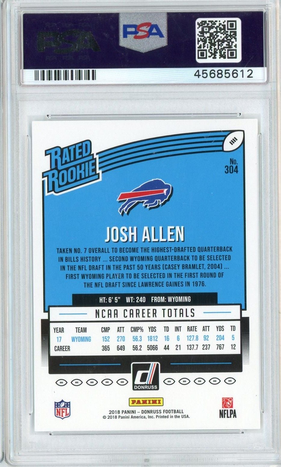 Graded 2018 Panini Donruss Josh Allen #304 Rookie RC Football Card PSA 9 Mint