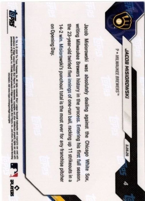 2026 Topps Now Jacob Misiorowski #4 Black Foil /10 11Ks Are Brewers All Time Opening Day Record Milwaukee Brewers Rookie RC Baseball Card