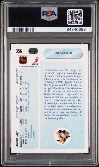 Graded 1990 Upper Deck French Jaromir Jagr #356 Rookie RC Hockey Card PSA 9 Mint