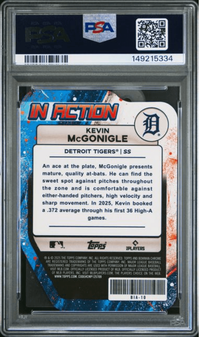 Graded 2025 Topps Bowman Draft Kevin McGonigle #BIA10 Bowman In Action Refractor Rookie RC Baseball Card PSA 10 Gem Mint