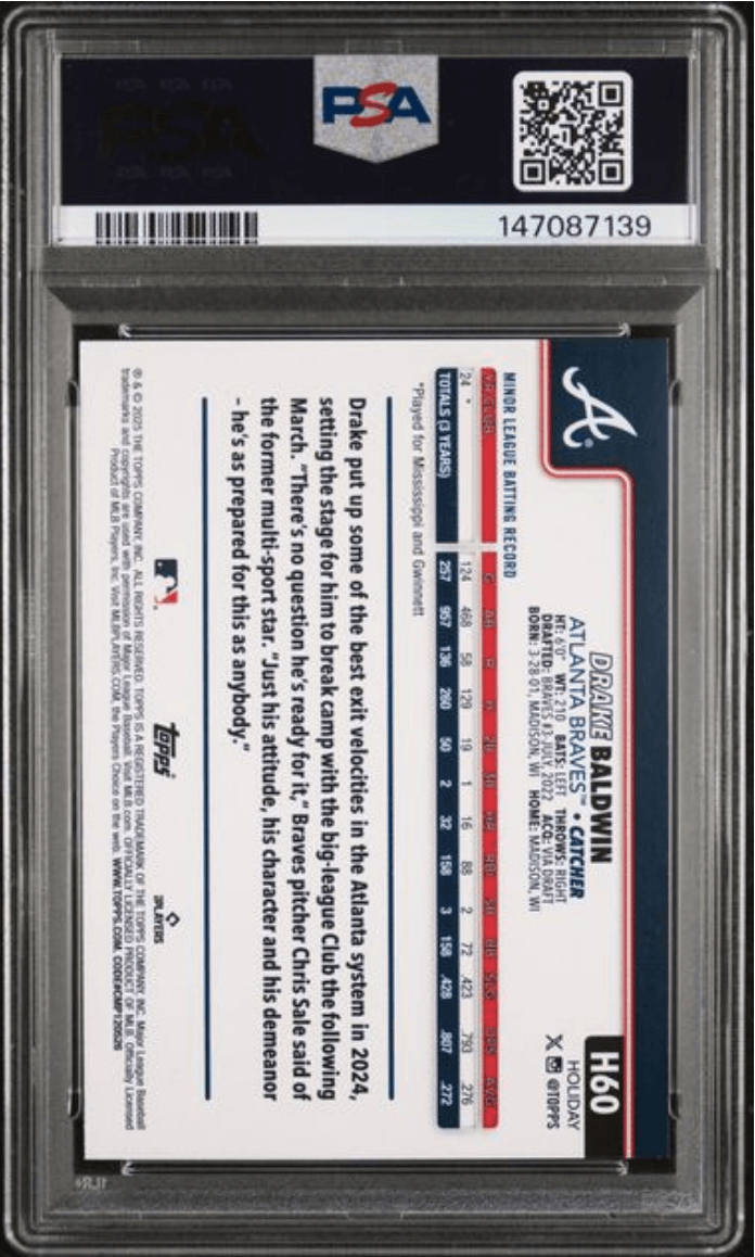 Graded 2025 Topps Holiday Drake Baldwin #H60 Rookie RC Baseball Card PSA 10 Gem Mint