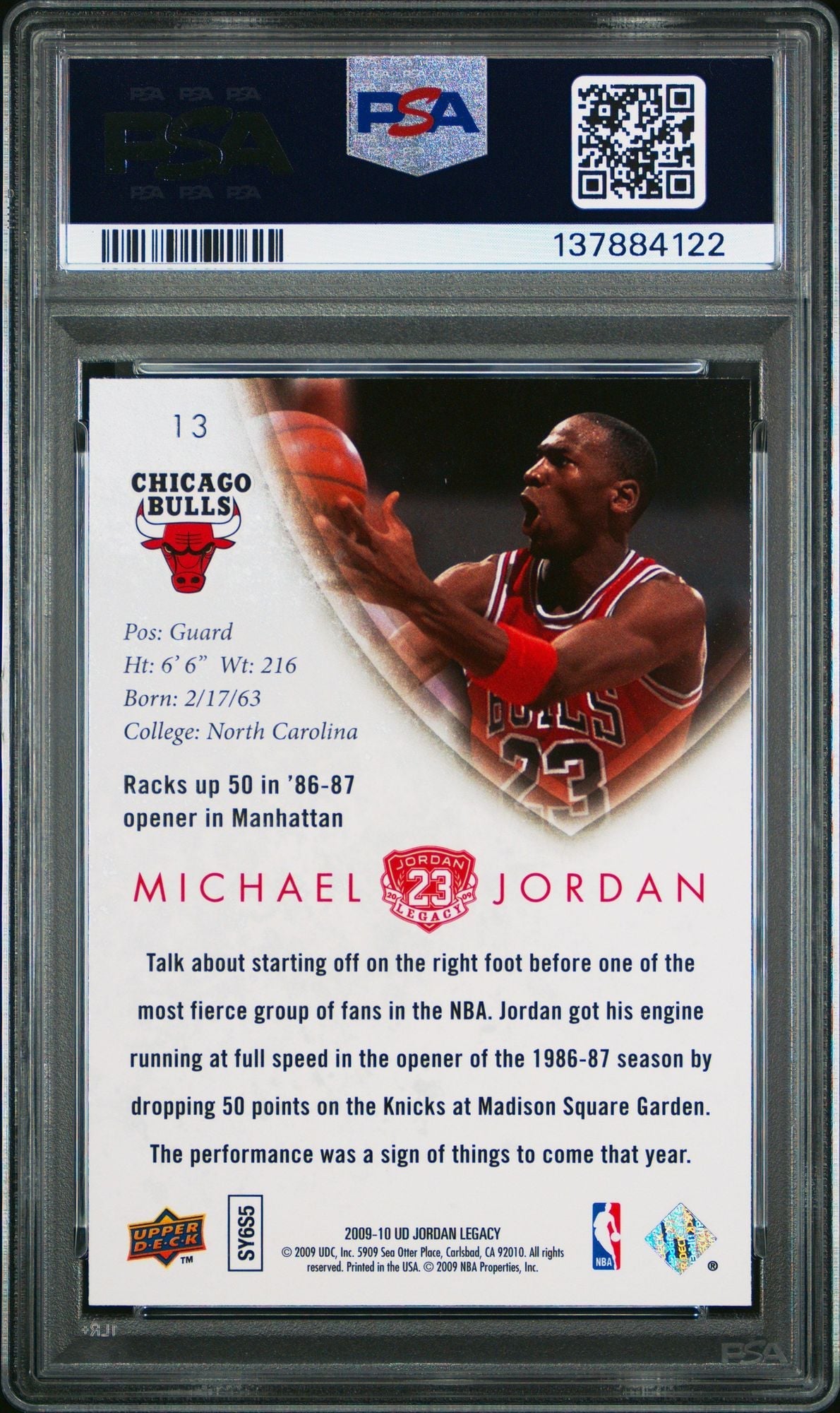 Graded 2009 UD Upper Deck Michael Jordan #13 Legacy Gold 50 PTS in 1986 Opener Basketball Card PSA 10 Gem Mint