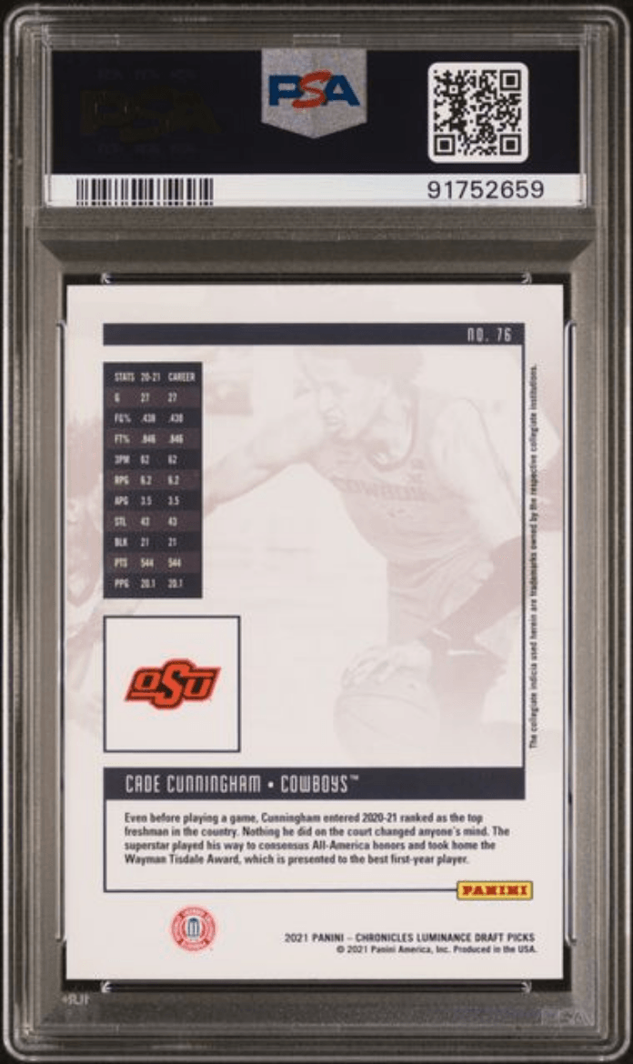 Graded 2021 Panini Chronicles Draft Picks Cade Cunningham #76 Rookie RC Basketball Card PSA 10 Gem Mint