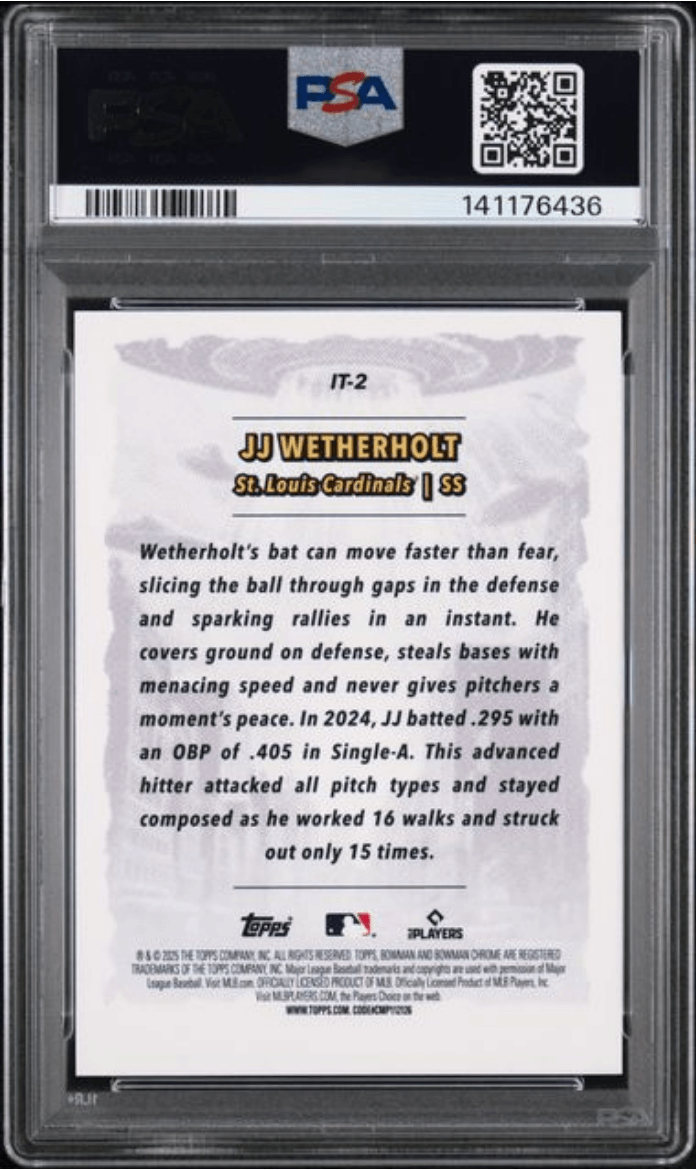 Graded 2025 Topps Bowman Chrome JJ Wetherholt #IT2 It Came to the League Rookie RC Baseball Card PSA 10 Gem Mint