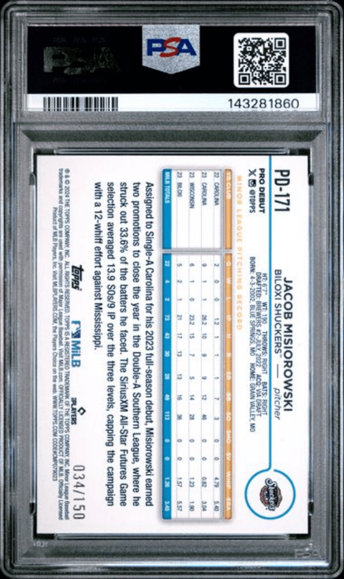 Graded 2024 Topps Pro Debut Jacob Misiorowski #PD171 Blue Foil /150 Rookie RC Baseball Card PSA 10 Gem Mint