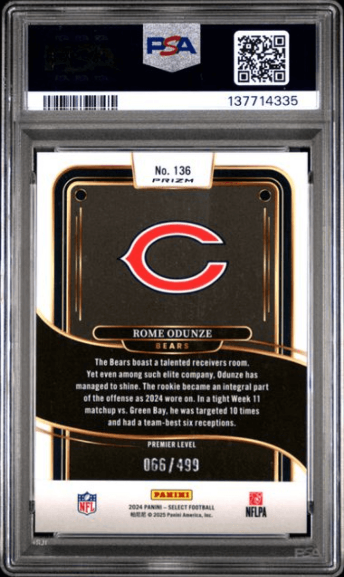 Graded 2024 Panini Select Rome Odunze #136 Neon Green Shock Rookie RC Football Card PSA 10 Gem Mint