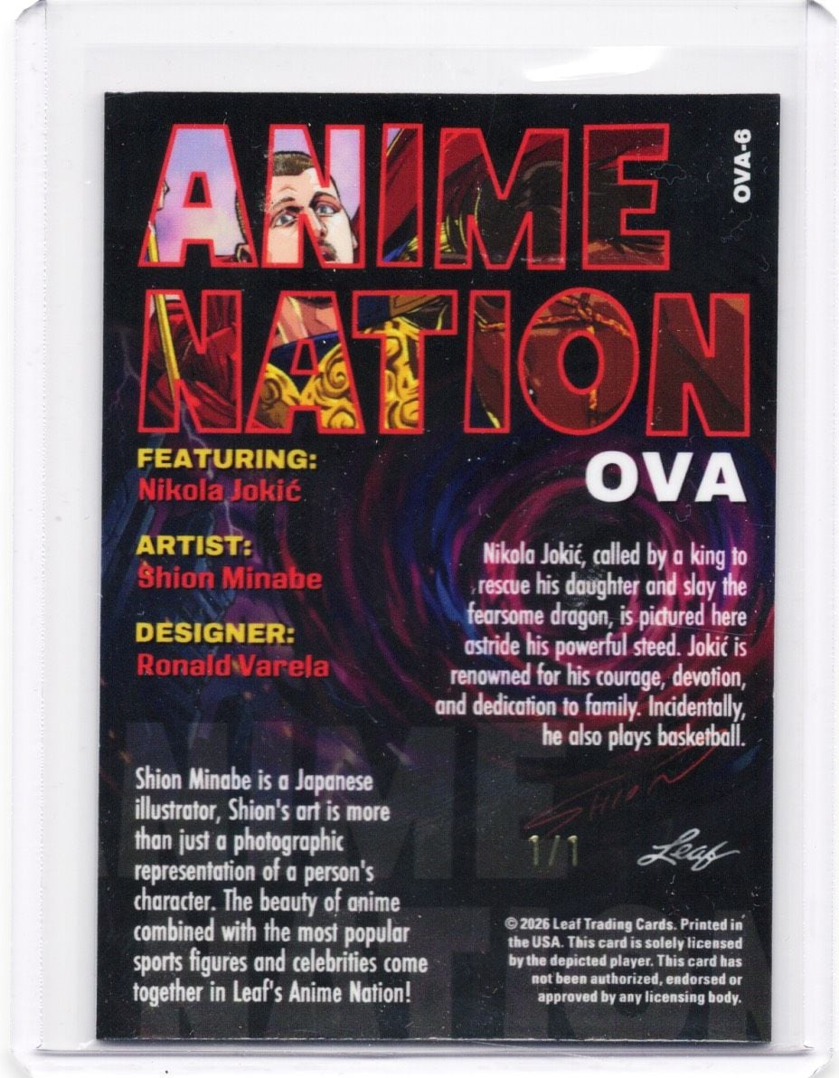 2026 Leaf Nikola Jokic #OVA6 Anime Nation Gold 1/1 Denver Nuggets Basketball Card