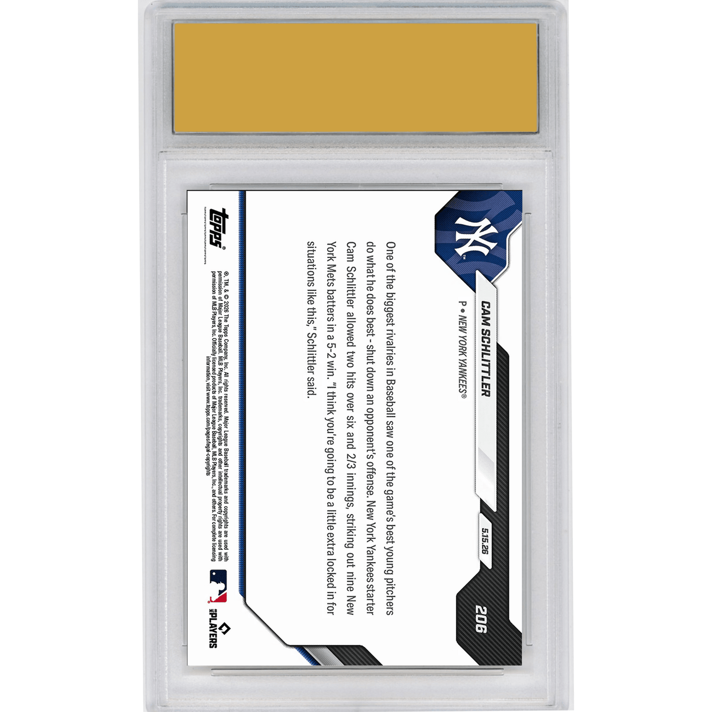 Graded 2026 Topps Now Cam Schlittler #206 Dazzles with 9Ks in Winning Subway Series Debut New York Yankees Rookie RC Baseball Card HOFSM 10 Gem Mint