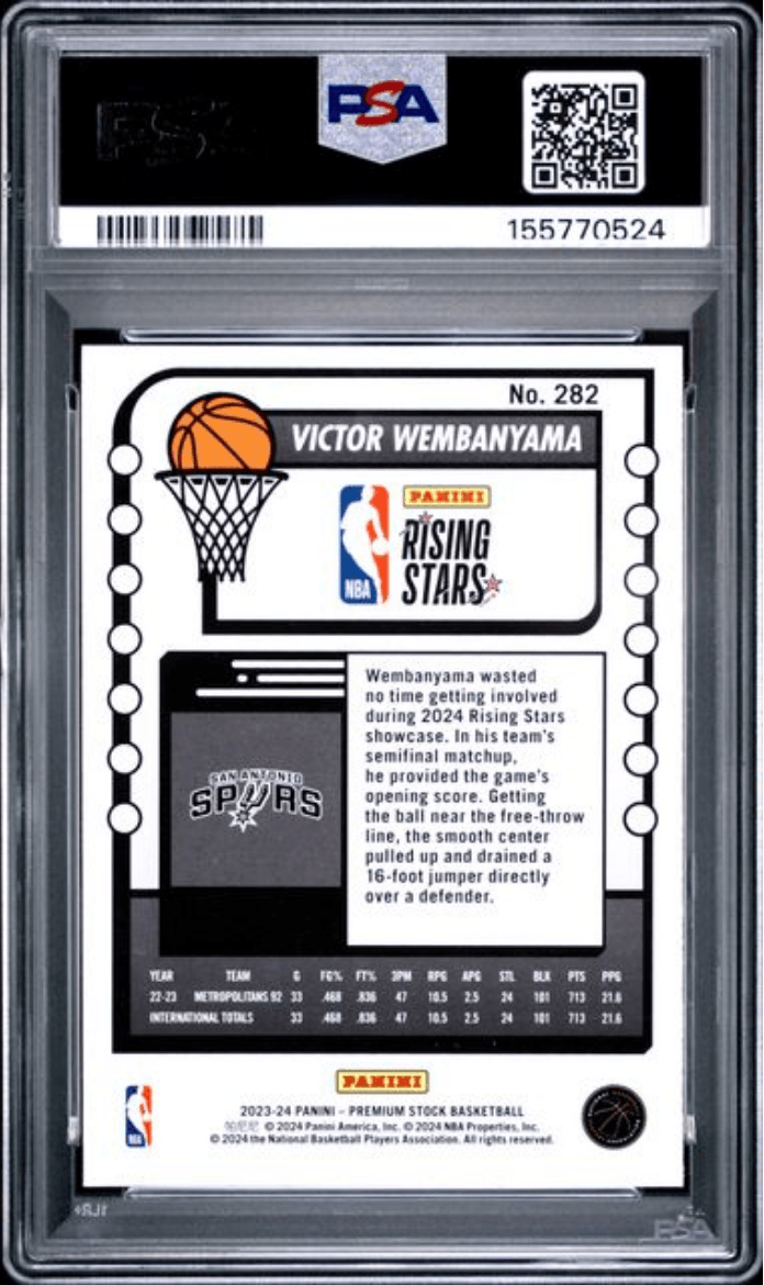 Graded 2023 Panini Hoops Premium Stock Victor Wembanyama #282 Rookie RC Basketball Card PSA 10 Gem Mint